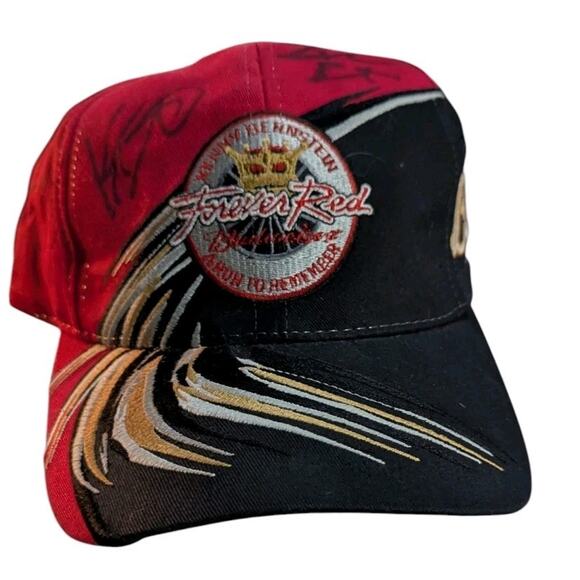 Vtg Budweiser Signed Kenny Bernstein Forever Red Tour Hat NHRA Drag Racing - Picture 3 of 11
